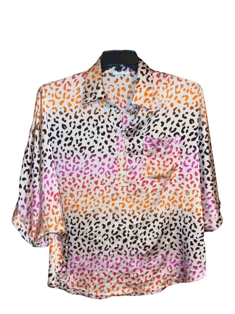 Leopard Print Button-Down Shirt in White, Orange & Pink